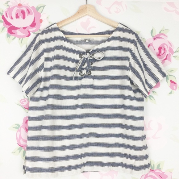 Madewell Tops - Madewell Nautical Blue Cream Ivory Stripe Linen Lace Up Blouse M